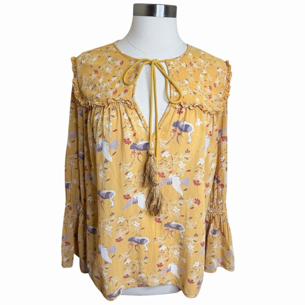 ByTiMo Mustard Floral Peasant Top Tassel Tie Romantic Cottagecore Boho Small